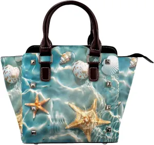 Leather Shoulder Bag for Women, Starfish Seashell Studded Purse Ocean Beach Crossbody Handbags Punk Hobo Bag with Adjustable Strap