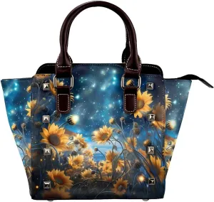 Leather Shoulder Bag for Women, Starry Night Sky Studded Purse Sunflower Crossbody Handbags Punk Hobo Bag with Adjustable Strap