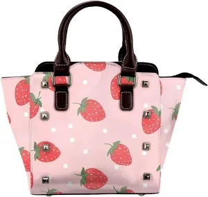 Leather Shoulder Bag for Women, Strawberry Dot Studded Purse Summer Fruit Crossbody Handbags Punk Hobo Bag with Adjustable Strap