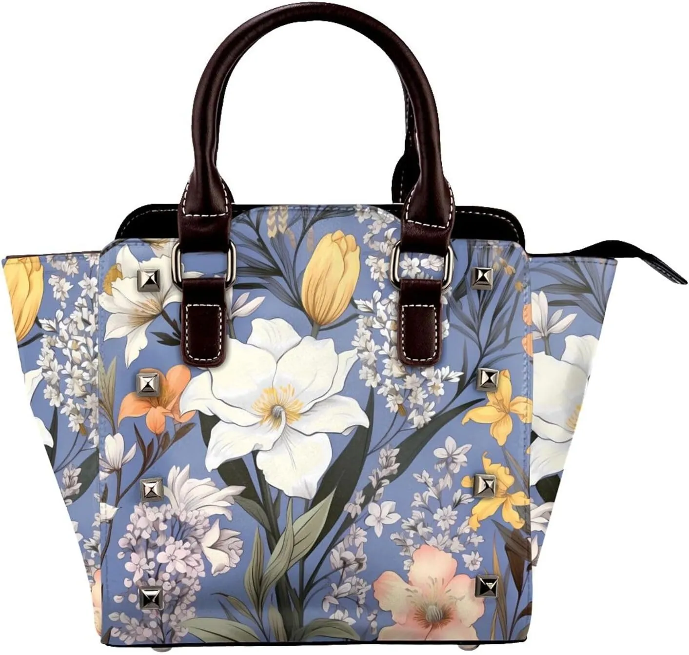 Leather Shoulder Bag for Women, Summer Floral Studded Purse Daisy Tulip Crossbody Handbags Punk Hobo Bag with Adjustable Strap