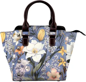 Leather Shoulder Bag for Women, Summer Floral Studded Purse Daisy Tulip Crossbody Handbags Punk Hobo Bag with Adjustable Strap