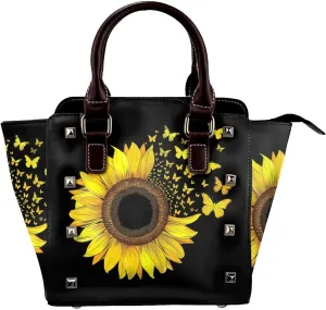Leather Shoulder Bag for Women, Sunflower Butterfly Studded Purse Yellow Flower Crossbody Handbags Punk Hobo Bag with Adjustable Strap