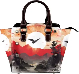 Leather Shoulder Bag for Women, Sunrise Japanese Studded Purse Sunset Fuji Crossbody Handbags Punk Hobo Bag with Adjustable Strap