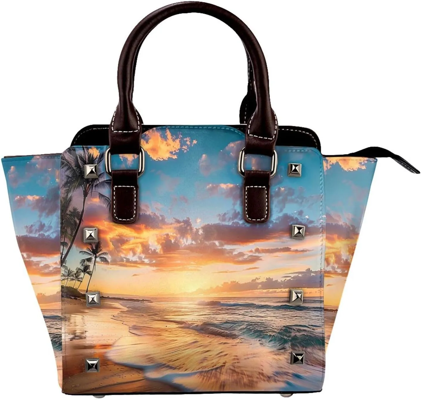Leather Shoulder Bag for Women, Sunset Beach Studded Purse Coconut Tree Crossbody Handbags Punk Hobo Bag with Adjustable Strap