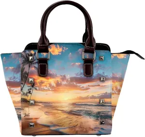 Leather Shoulder Bag for Women, Sunset Beach Studded Purse Coconut Tree Crossbody Handbags Punk Hobo Bag with Adjustable Strap