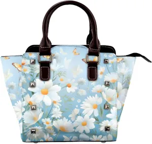 Leather Shoulder Bag for Women, Sunshine Daisy Butterfly Studded Purse Spring Flower Floral Crossbody Handbags Punk Hobo Bag with Adjustable Strap
