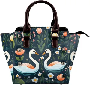 Leather Shoulder Bag for Women, Swan Couple Studded Purse Spring Flower Leaves Crossbody Handbags Punk Hobo Bag with Adjustable Strap