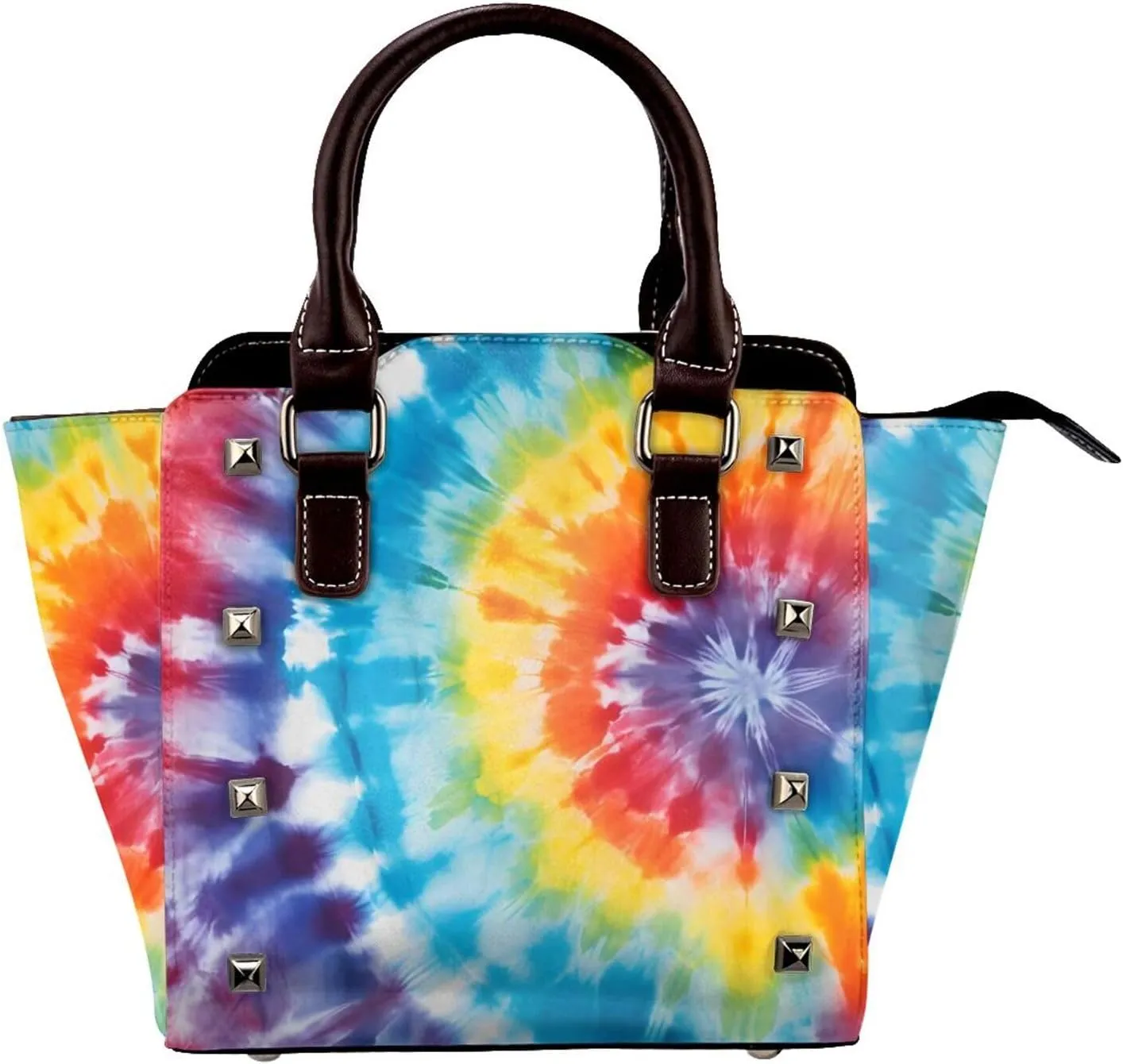 Leather Shoulder Bag for Women, Swirl Tie Dye Studded Purse Boho Ethnic Crossbody Handbags Punk Hobo Bag with Adjustable Strap