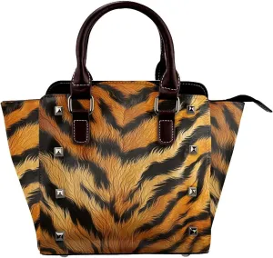 Leather Shoulder Bag for Women, Tiger Print Studded Purse Leopard Print Skin Crossbody Handbags Punk Hobo Bag with Adjustable Strap