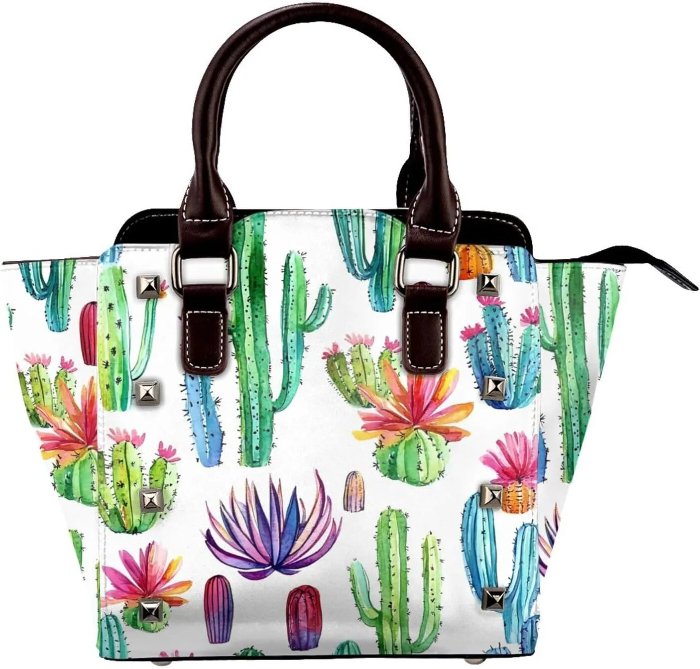 Leather Shoulder Bag for Women, Tropical Cactus Flower Studded Purse Cacti Plant Crossbody Handbags Punk Hobo Bag with Adjustable Strap