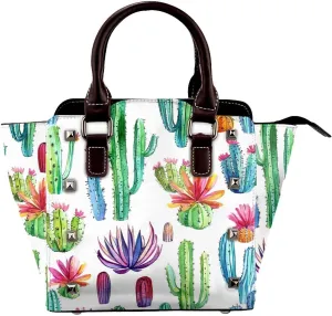 Leather Shoulder Bag for Women, Tropical Cactus Flower Studded Purse Cacti Plant Crossbody Handbags Punk Hobo Bag with Adjustable Strap