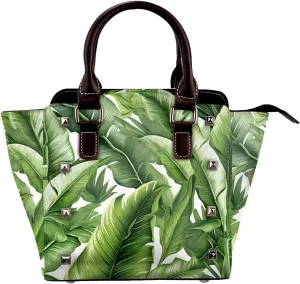 Leather Shoulder Bag for Women, Tropical Green Jungle Studded Purse Palm Leaves Crossbody Handbags Punk Hobo Bag with Adjustable Strap