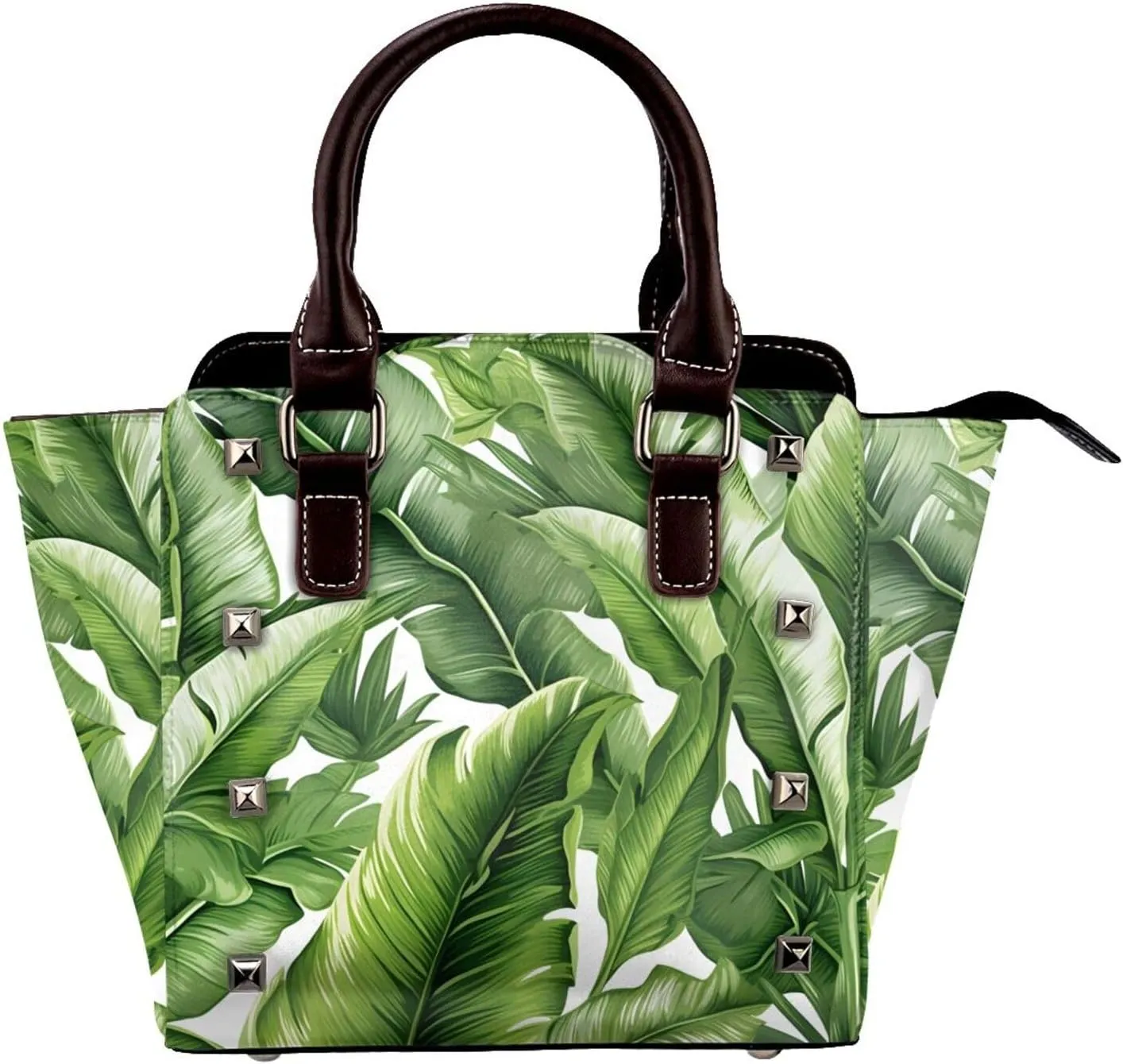 Leather Shoulder Bag for Women, Tropical Green Jungle Studded Purse Palm Leaves Crossbody Handbags Punk Hobo Bag with Adjustable Strap
