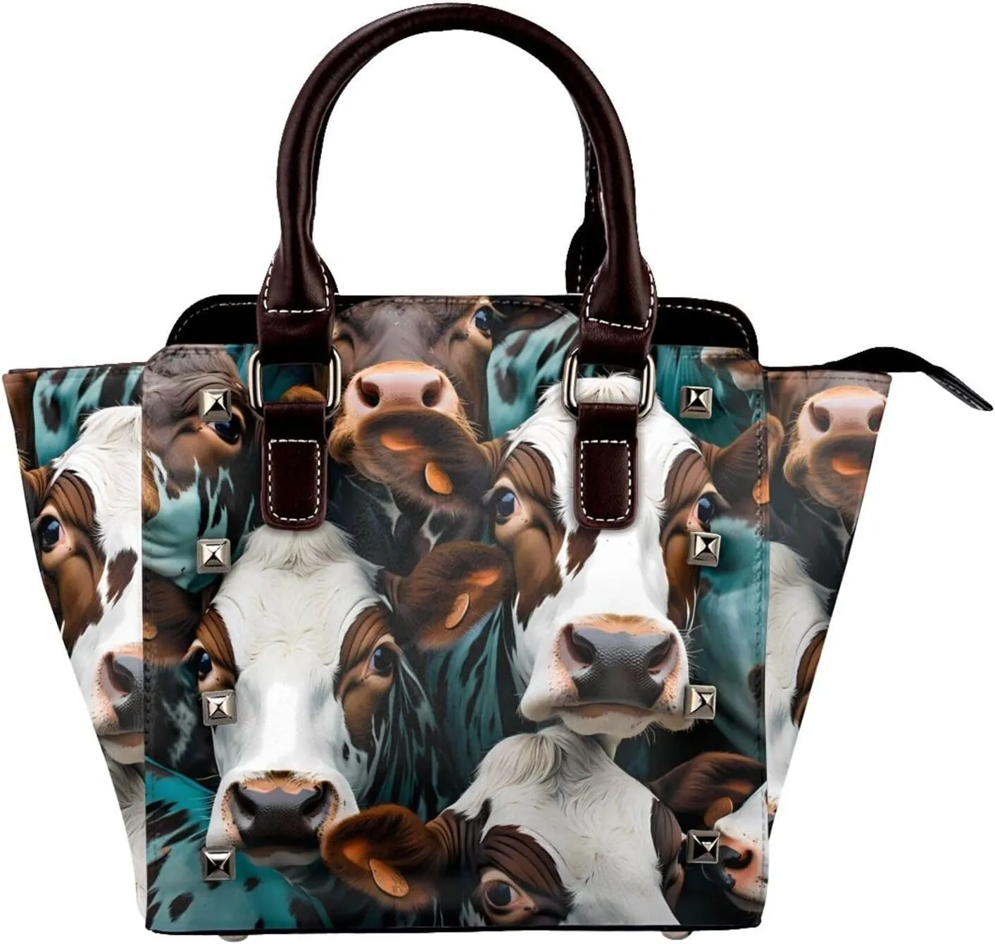 Leather Shoulder Bag for Women, Turquoise Cow Print Studded Purse Animal Crossbody Handbags Punk Hobo Bag with Adjustable Strap