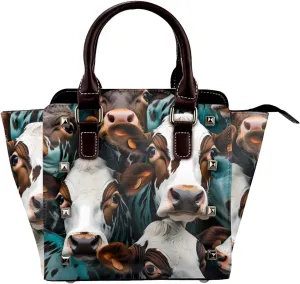 Leather Shoulder Bag for Women, Turquoise Cow Print Studded Purse Animal Crossbody Handbags Punk Hobo Bag with Adjustable Strap
