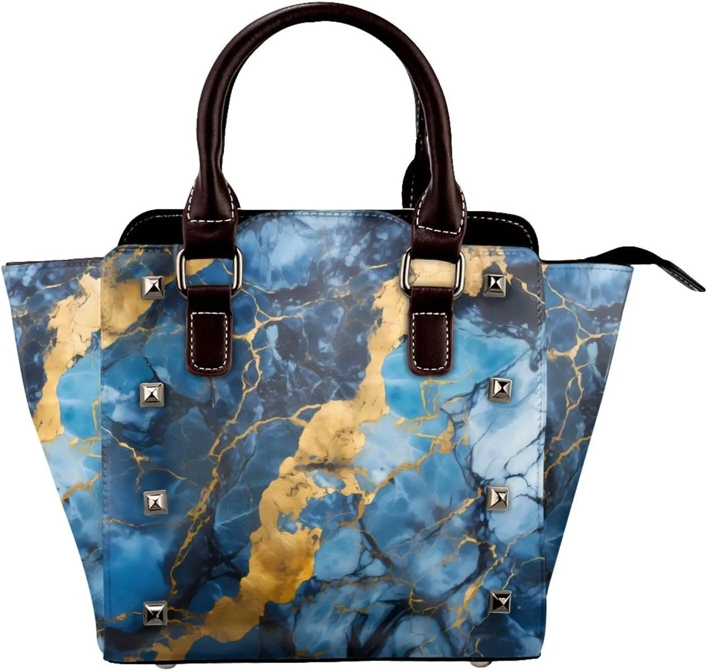 Leather Shoulder Bag for Women, Turquoise Gold Marble Studded Purse Abstract Texture Crossbody Handbags Punk Hobo Bag with Adjustable Strap