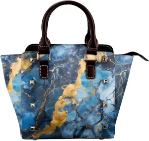 Leather Shoulder Bag for Women, Turquoise Gold Marble Studded Purse Abstract Texture Crossbody Handbags Punk Hobo Bag with Adjustable Strap