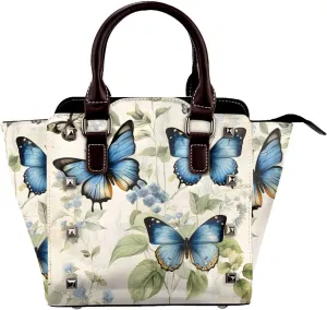 Leather Shoulder Bag for Women, Vintage Butterfly Studded Purse Spring Leaves Crossbody Handbags Punk Hobo Bag with Adjustable Strap