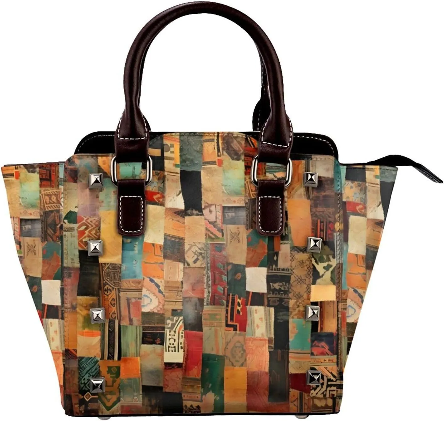 Leather Shoulder Bag for Women, Vintage Studded Purse Ethnic Aztec Crossbody Handbags Punk Hobo Bag with Adjustable Strap