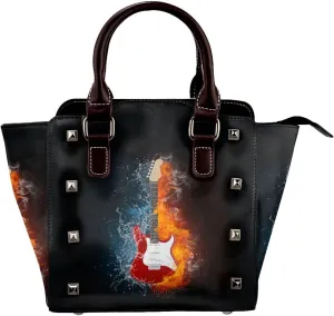 Leather Shoulder Bag for Women, Water Fire Guitar Studded Purse Music Note Crossbody Handbags Punk Hobo Bag with Adjustable Strap