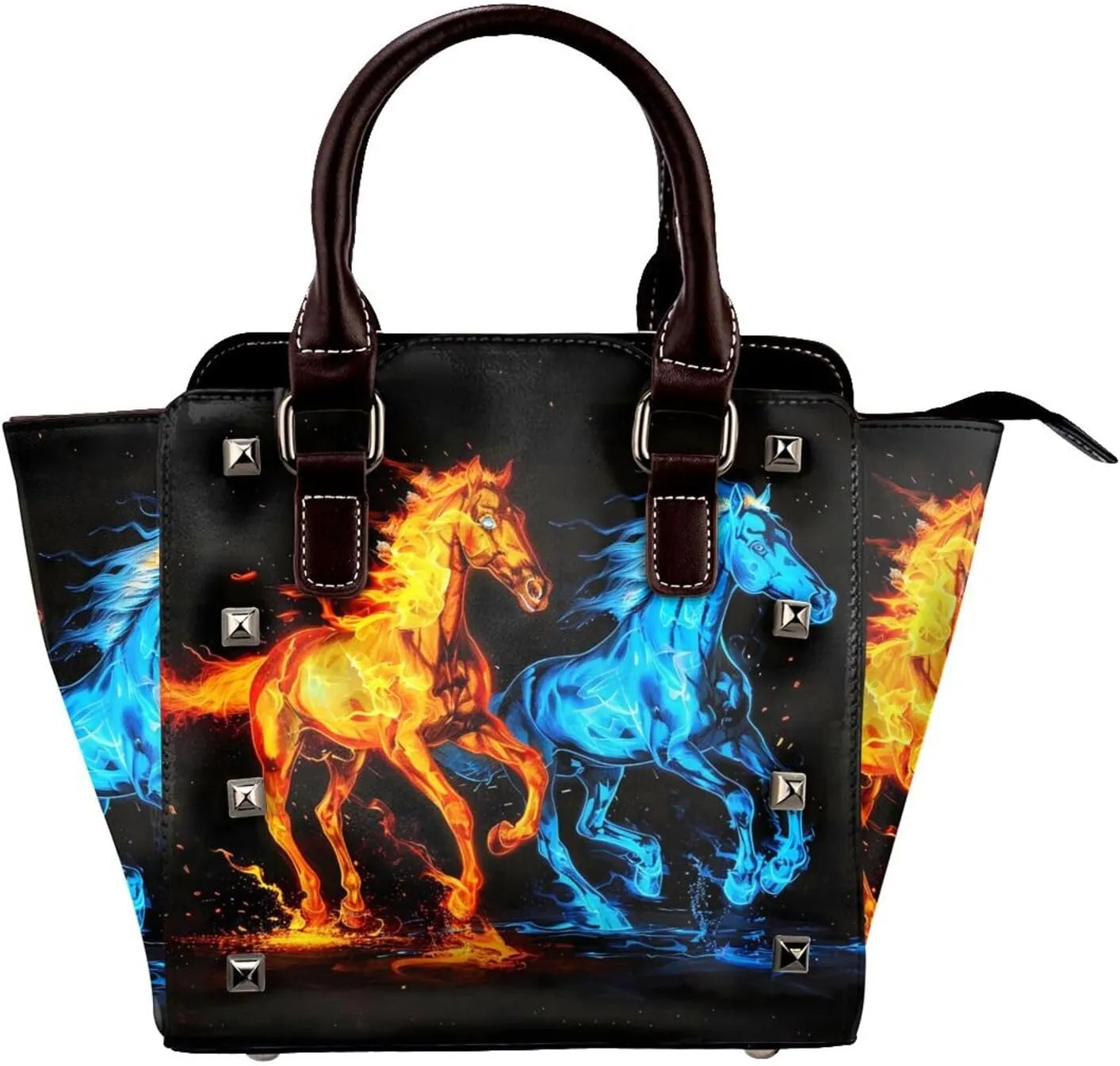 Leather Shoulder Bag for Women, Water Fire Horse Studded Purse Galaxy Crossbody Handbags Punk Hobo Bag with Adjustable Strap