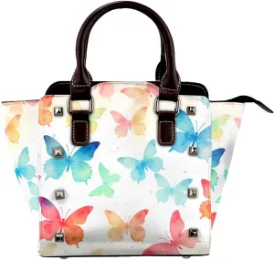 Leather Shoulder Bag for Women, Watercolor Butterfly Studded Purse Bird Crossbody Handbags Punk Hobo Bag with Adjustable Strap