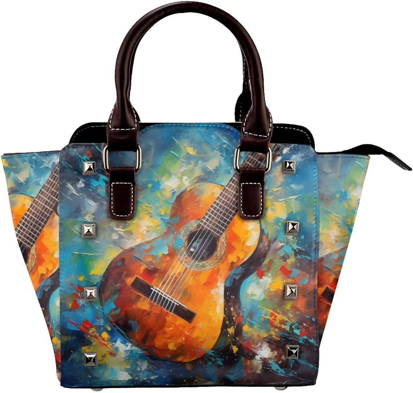 Leather Shoulder Bag for Women, Watercolor Guitar Studded Purse Colorful Musical Crossbody Handbags Punk Hobo Bag with Adjustable Strap
