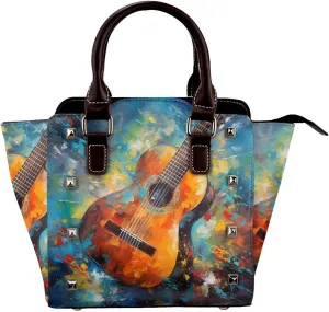 Leather Shoulder Bag for Women, Watercolor Guitar Studded Purse Colorful Musical Crossbody Handbags Punk Hobo Bag with Adjustable Strap
