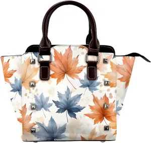 Leather Shoulder Bag for Women, Watercolor Maple Leaves Studded Purse Colorful Autumn Crossbody Handbags Punk Hobo Bag with Adjustable Strap