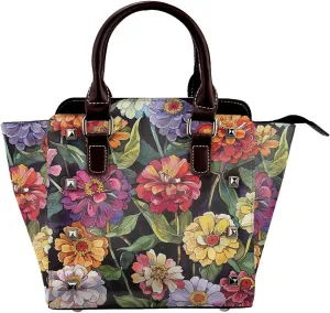 Leather Shoulder Bag for Women, Zinnia Flower Studded Purse Watercolor Floral Crossbody Handbags Punk Hobo Bag with Adjustable Strap