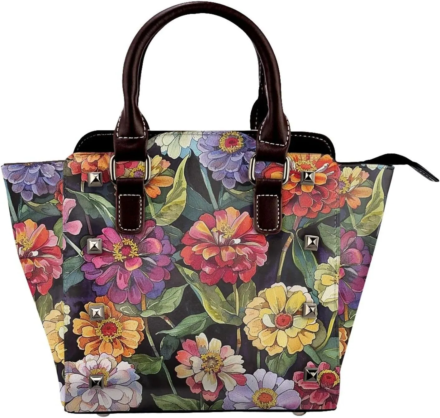 Leather Shoulder Bag for Women, Zinnia Flower Studded Purse Watercolor Floral Crossbody Handbags Punk Hobo Bag with Adjustable Strap