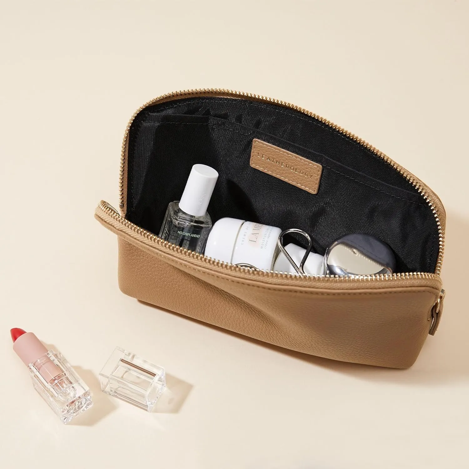 Leatherology Camel Small Makeup Pouch Cosmetic Bag Organizer for Women