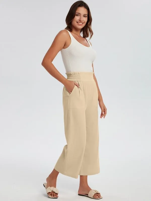 Les umes Womens Cropped Cotton Pants Elastic Waist Wide Leg Capris Casual Summer Trousers with Pockets