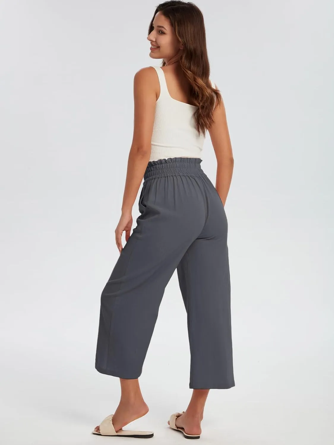 Les umes Womens Cropped Cotton Pants Elastic Waist Wide Leg Capris Casual Summer Trousers with Pockets