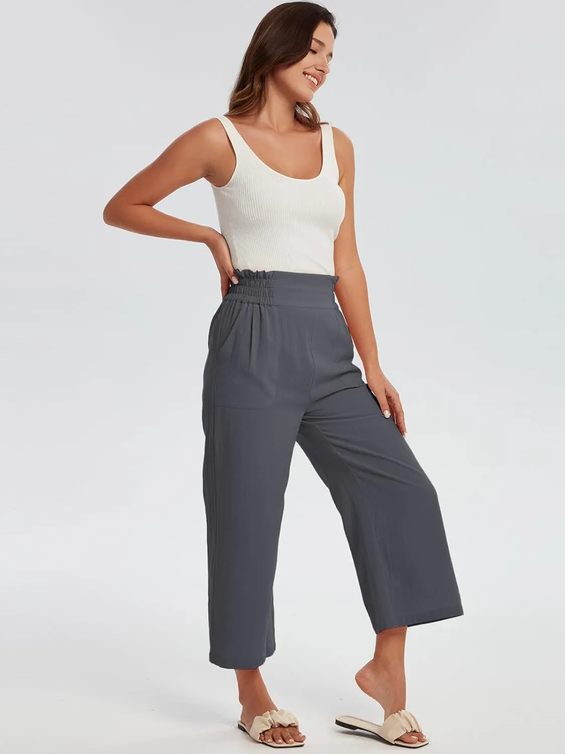 Les umes Womens Cropped Cotton Pants Elastic Waist Wide Leg Capris Casual Summer Trousers with Pockets