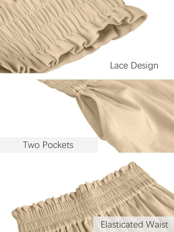 Les umes Womens Cropped Cotton Pants Elastic Waist Wide Leg Capris Casual Summer Trousers with Pockets