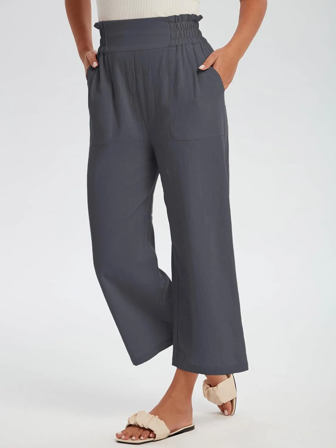 Les umes Womens Cropped Cotton Pants Elastic Waist Wide Leg Capris Casual Summer Trousers with Pockets