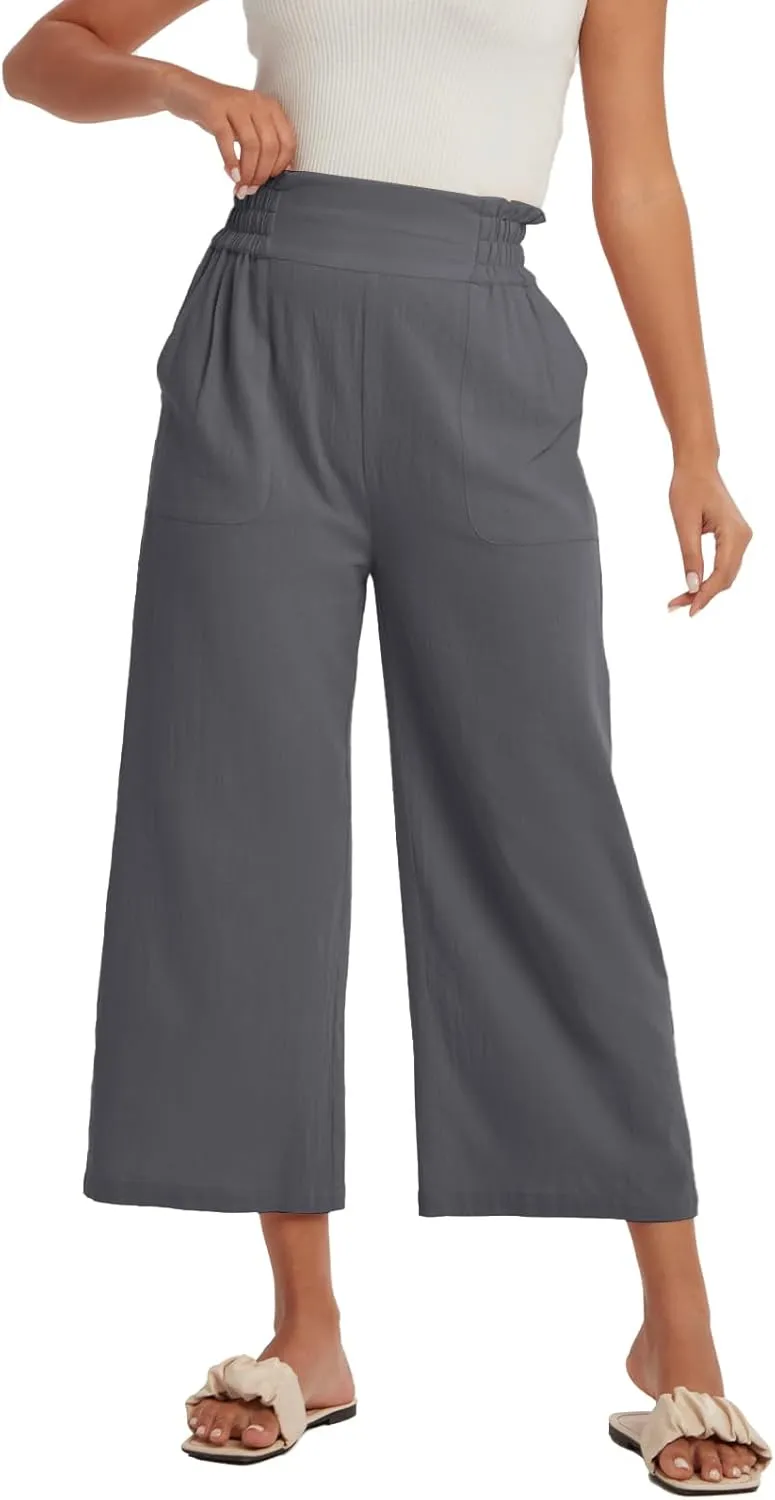 Les umes Womens Cropped Cotton Pants Elastic Waist Wide Leg Capris Casual Summer Trousers with Pockets