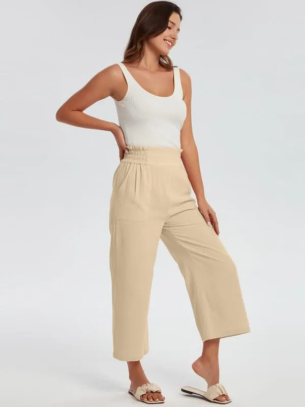 Les umes Womens Cropped Cotton Pants Elastic Waist Wide Leg Capris Casual Summer Trousers with Pockets