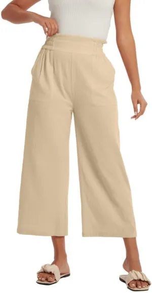 Les umes Womens Cropped Cotton Pants Elastic Waist Wide Leg Capris Casual Summer Trousers with Pockets