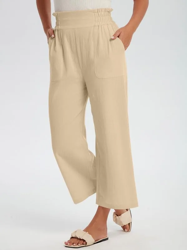 Les umes Womens Cropped Cotton Pants Elastic Waist Wide Leg Capris Casual Summer Trousers with Pockets