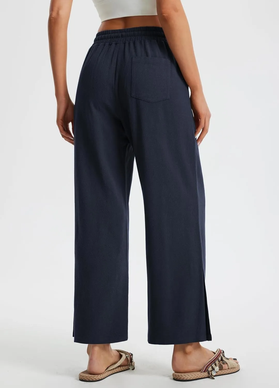 Libin Women Linen Pants Wide Leg Side Slit Ankle Pants High Waist Drawstring Casual Palazzo Loose Beach Pant Cropped Trousers