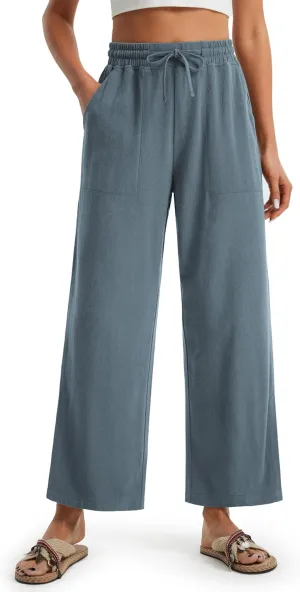 Libin Women Linen Pants Wide Leg Side Slit Ankle Pants High Waist Drawstring Casual Palazzo Loose Beach Pant Cropped Trousers