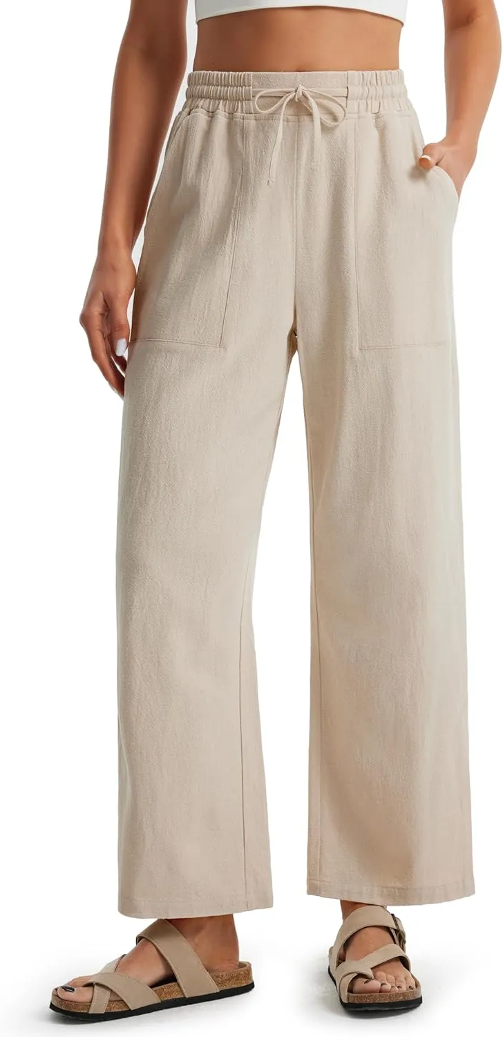 Libin Women Linen Pants Wide Leg Side Slit Ankle Pants High Waist Drawstring Casual Palazzo Loose Beach Pant Cropped Trousers