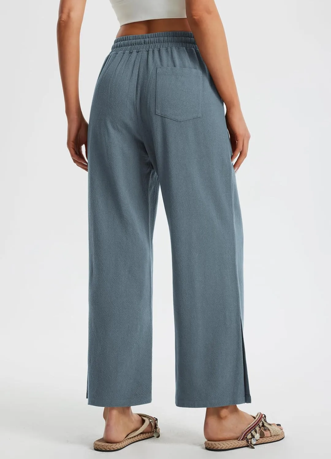 Libin Women Linen Pants Wide Leg Side Slit Ankle Pants High Waist Drawstring Casual Palazzo Loose Beach Pant Cropped Trousers