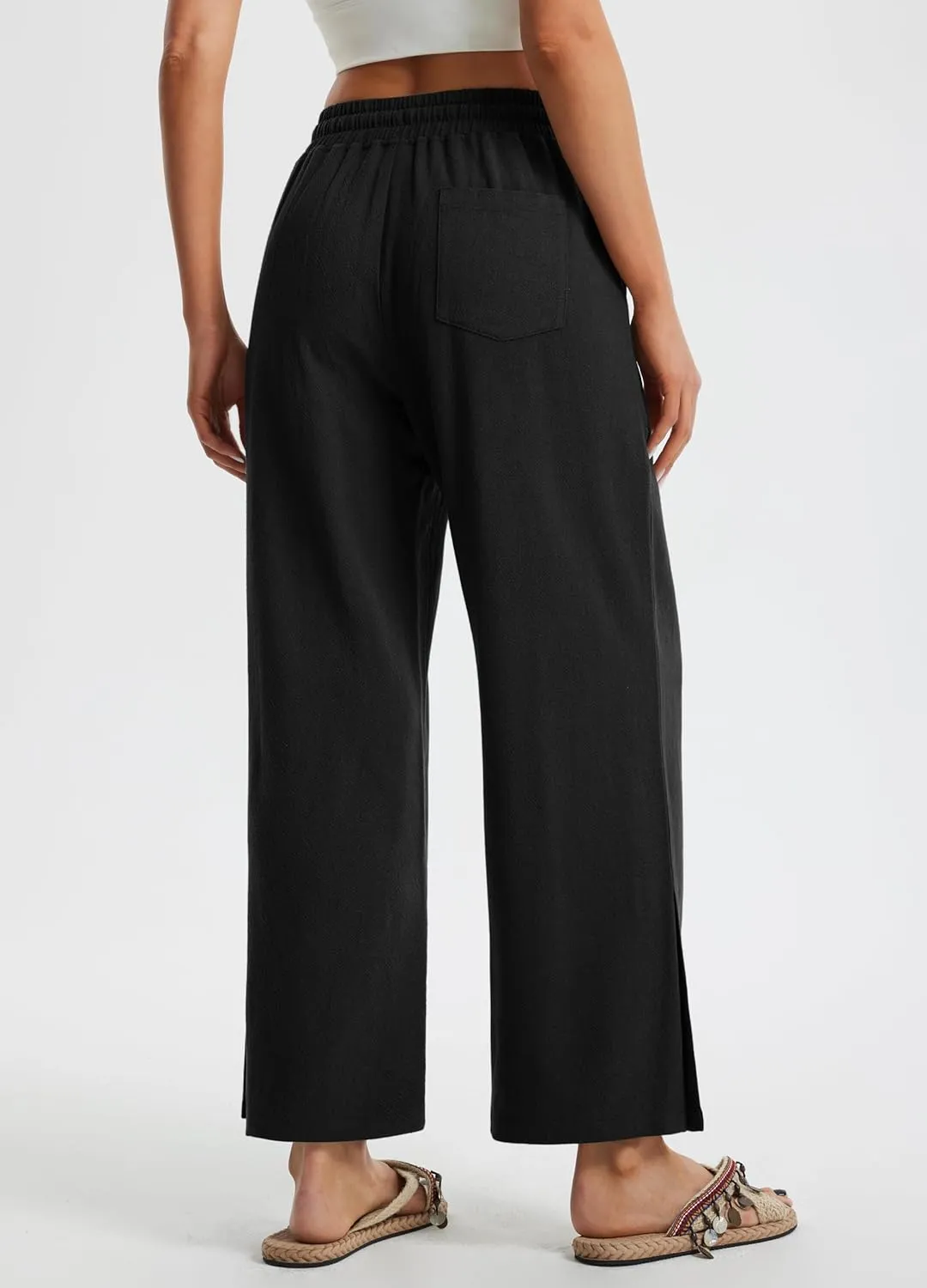 Libin Women Linen Pants Wide Leg Side Slit Ankle Pants High Waist Drawstring Casual Palazzo Loose Beach Pant Cropped Trousers