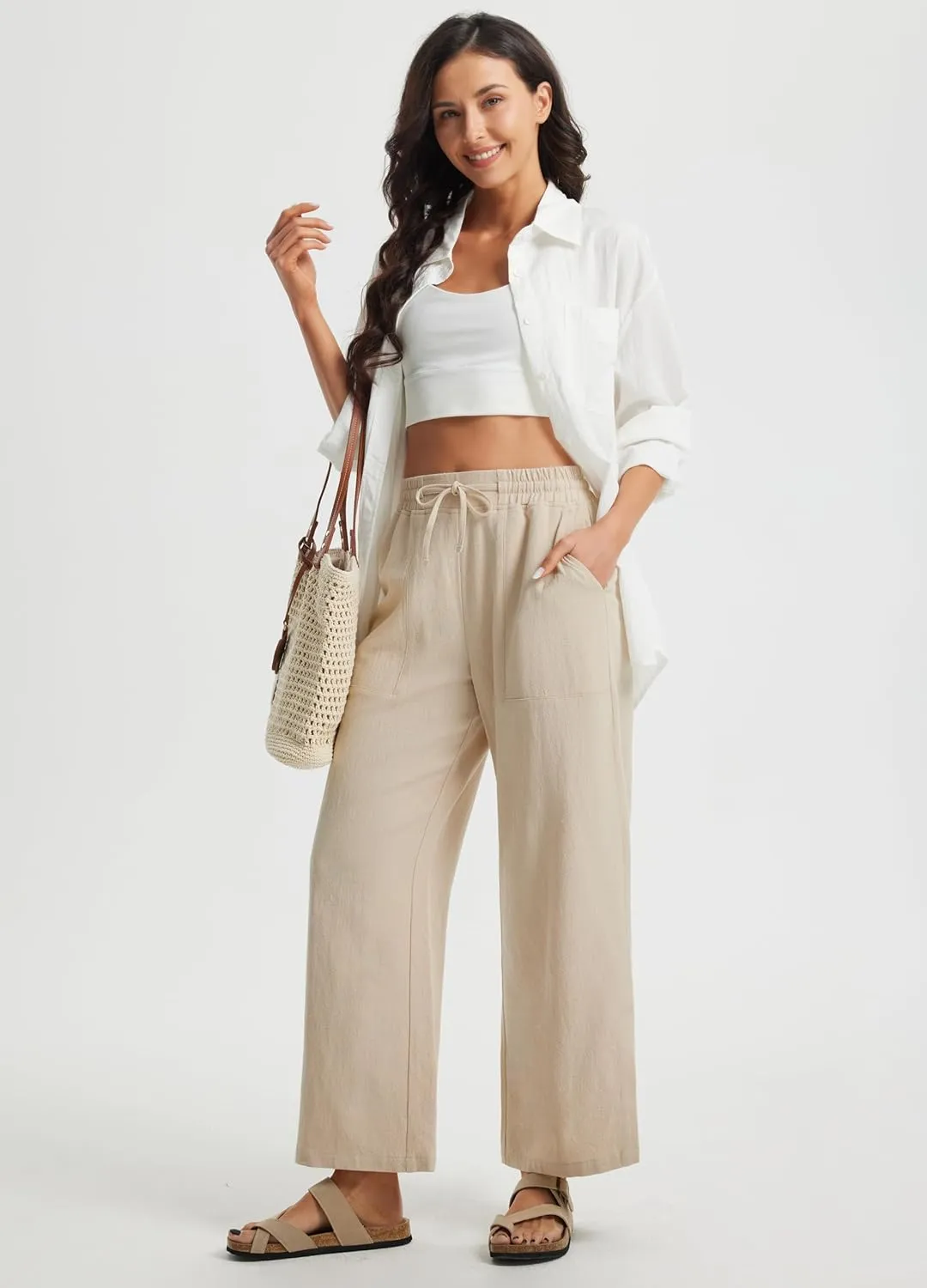 Libin Women Linen Pants Wide Leg Side Slit Ankle Pants High Waist Drawstring Casual Palazzo Loose Beach Pant Cropped Trousers
