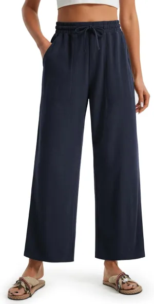 Libin Women Linen Pants Wide Leg Side Slit Ankle Pants High Waist Drawstring Casual Palazzo Loose Beach Pant Cropped Trousers