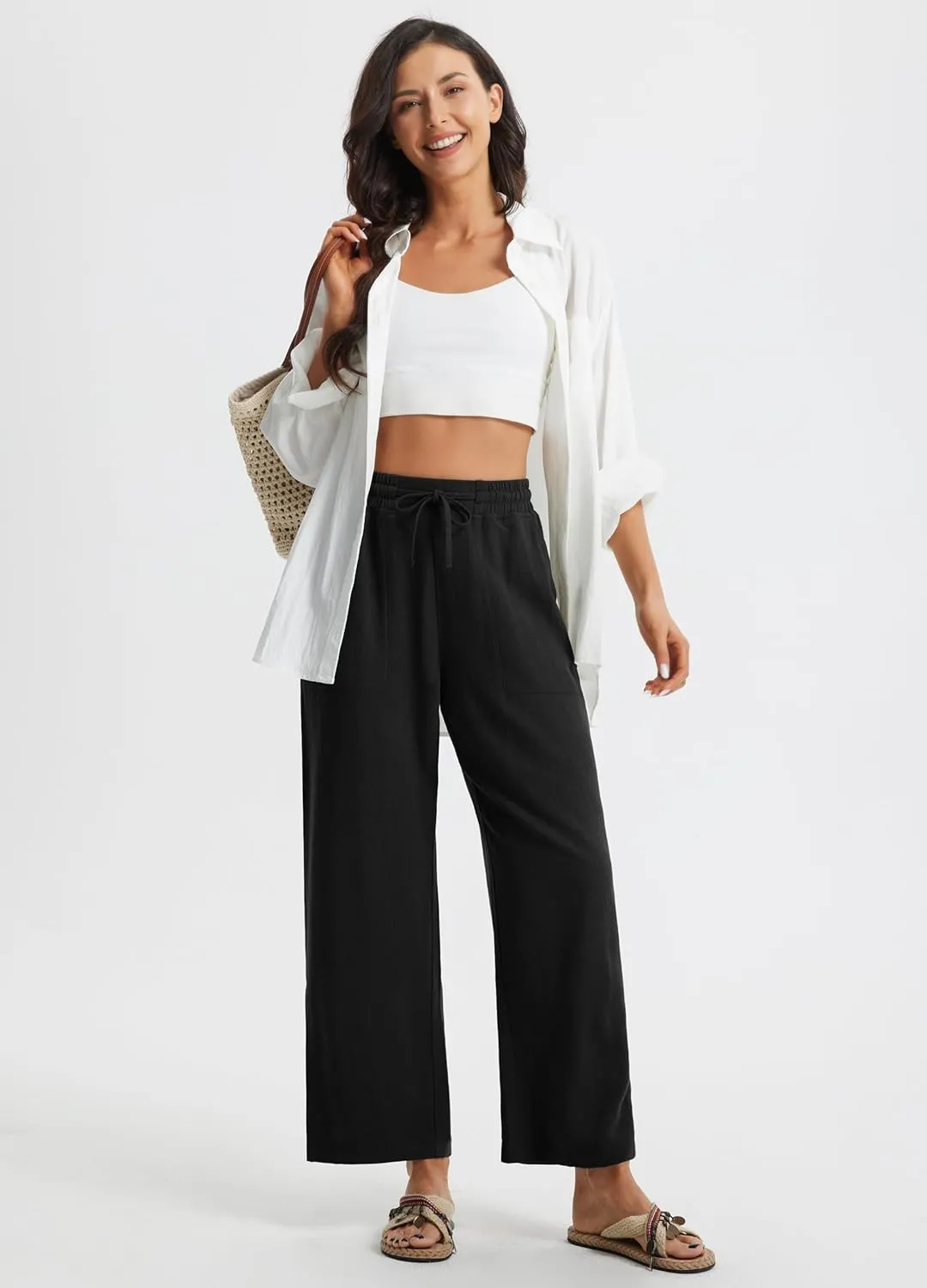 Libin Women Linen Pants Wide Leg Side Slit Ankle Pants High Waist Drawstring Casual Palazzo Loose Beach Pant Cropped Trousers