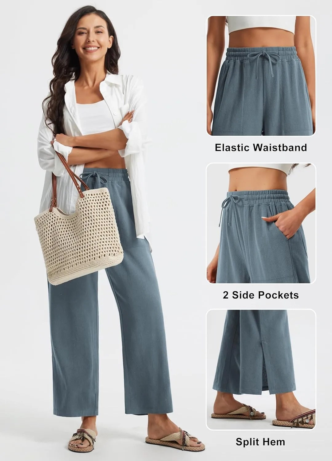 Libin Women Linen Pants Wide Leg Side Slit Ankle Pants High Waist Drawstring Casual Palazzo Loose Beach Pant Cropped Trousers